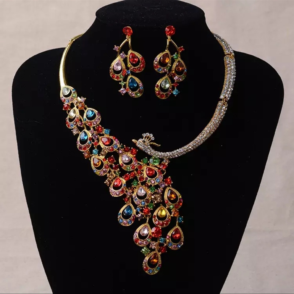 Luxury Gold Rhinestone Peacock Bridal Jewelry Sets 👍👍